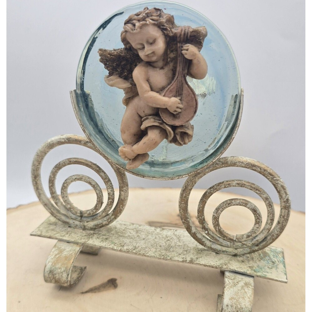 Angel Candle Holder Cherub Round Hand Blown Glass Metal Frame Christmas Vintage